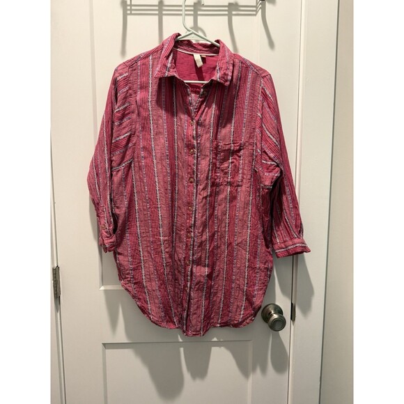 Anthropologie Pilcro S Pink Bo Boyfriend Metallic Stripe Cotton Button Tunic - Picture 2 of 4